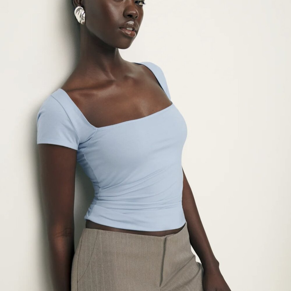 Reformation Blue Cap Sleeve Fitted Blouse